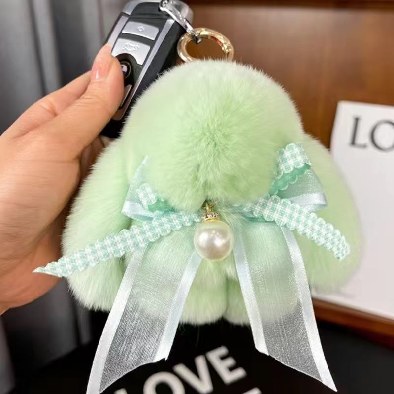 Cute little rabbit fur bow charm keychain