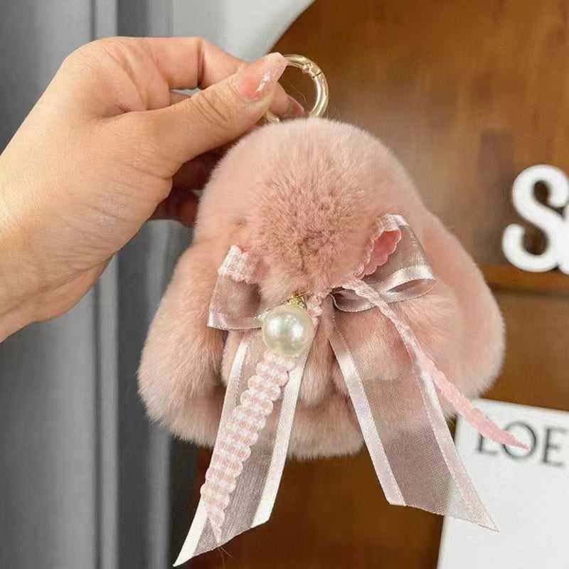 Cute little rabbit fur bow charm keychain