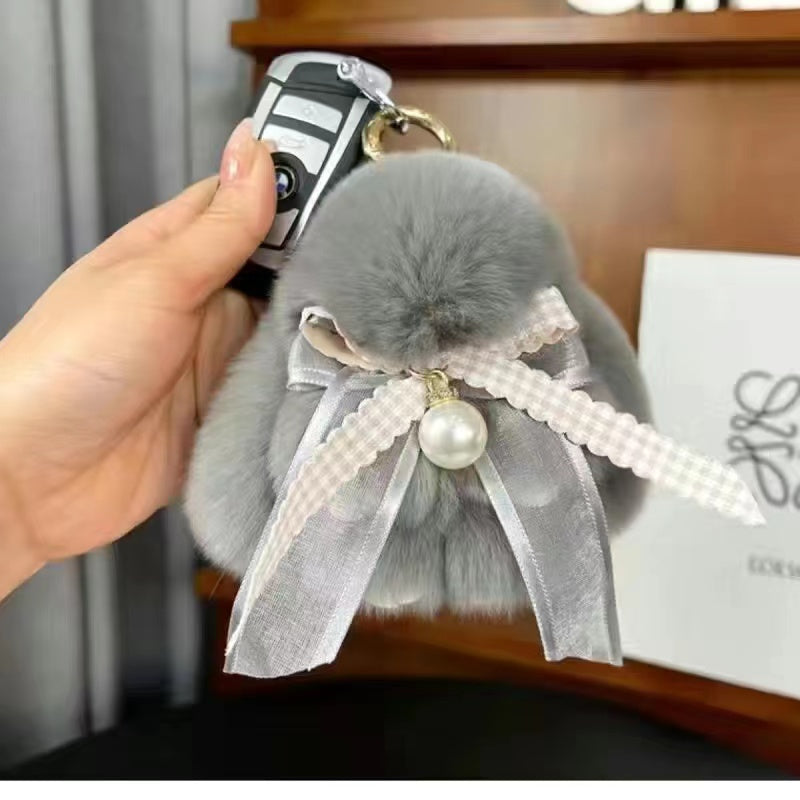 Cute little rabbit fur bow charm keychain