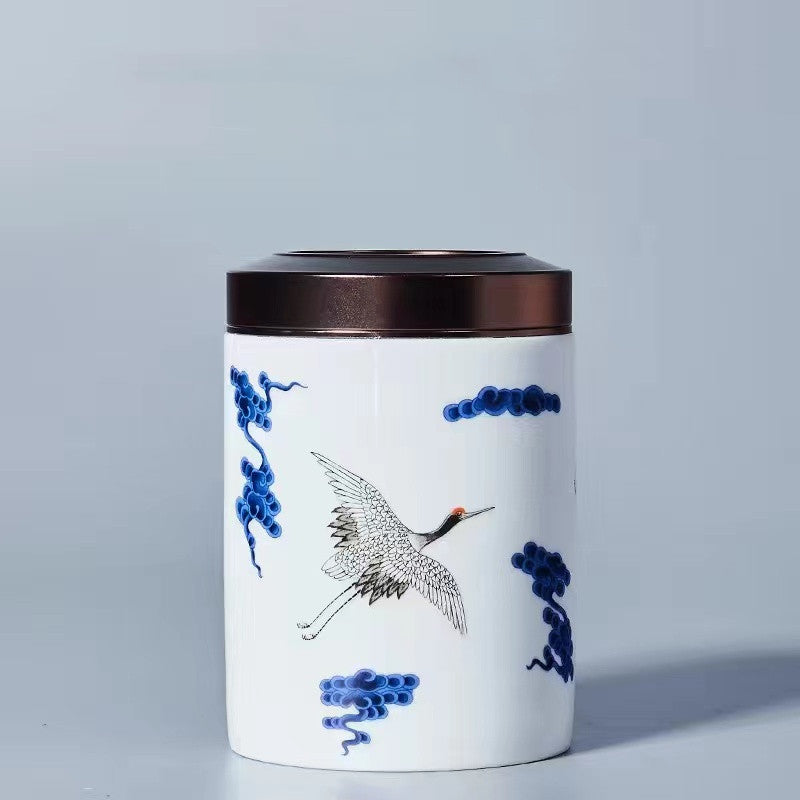 Ceramic metal lid painted blue and white crane Tea jar