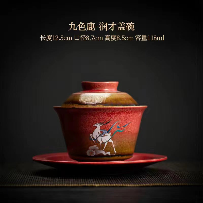 Kiln-formed Nine-Colored Deer Sancai Covered Bowl