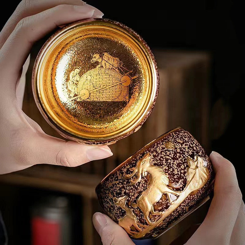 Master Collection----24K gold cameo tea cup gilt cup gold spot a deer accompanying Tea cup(M553)