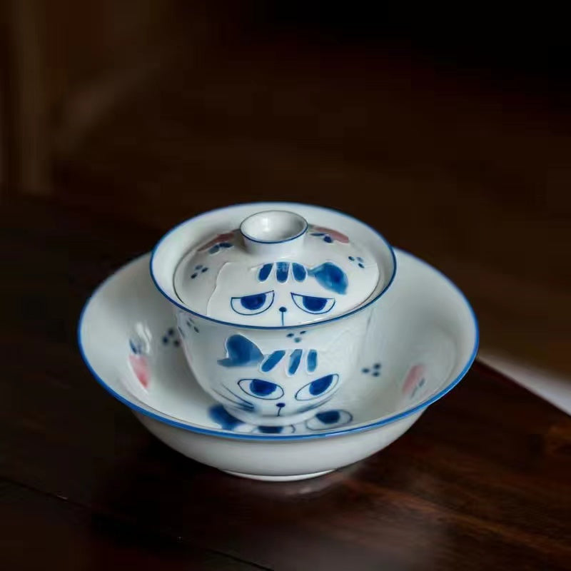 Hand-painted cat ceramic covered bowl Tea cup