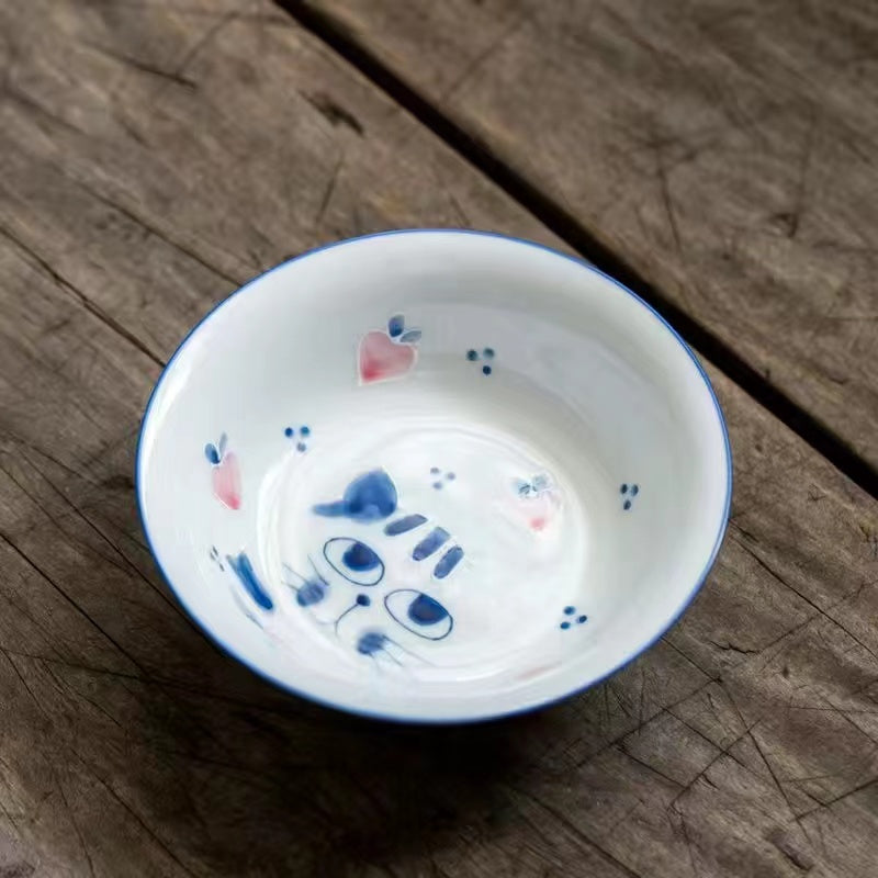 Hand-painted cat ceramic covered bowl Tea cup