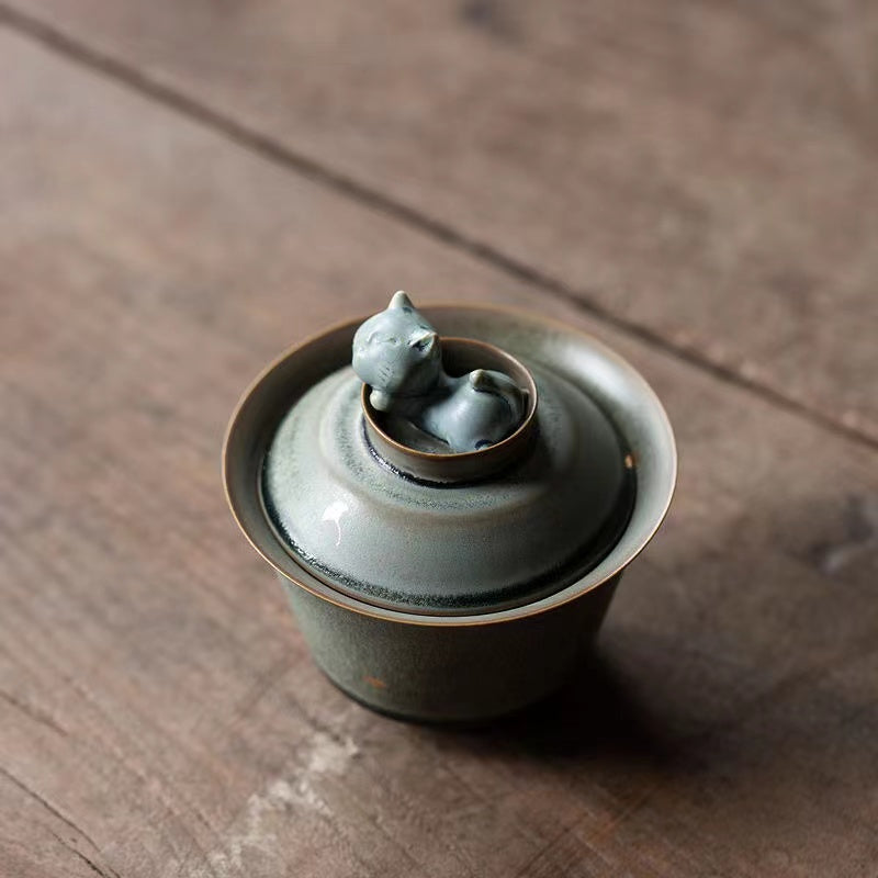 Vintage Ginkgo Leaf Cat Covered Bowl Gaiwan