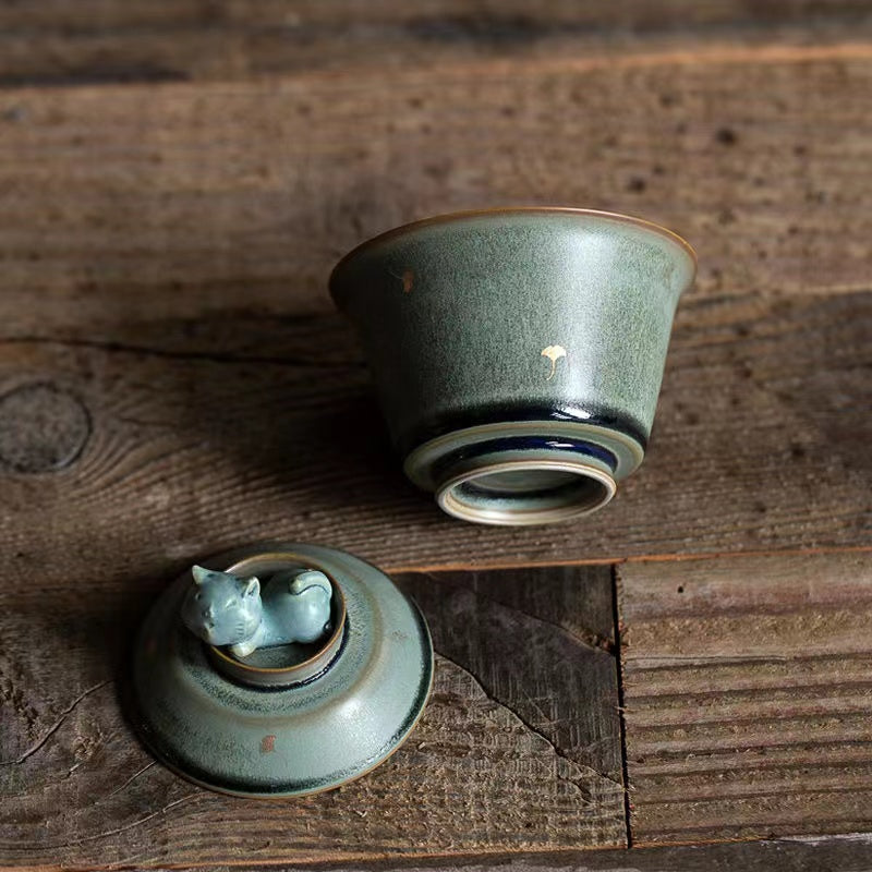 Vintage Ginkgo Leaf Cat Covered Bowl Gaiwan