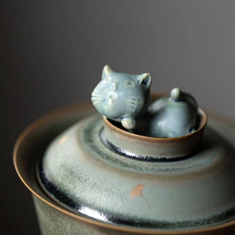 Vintage Ginkgo Leaf Cat Covered Bowl Gaiwan