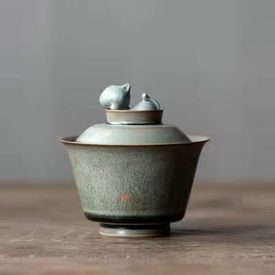 Vintage Ginkgo Leaf Cat Covered Bowl Gaiwan