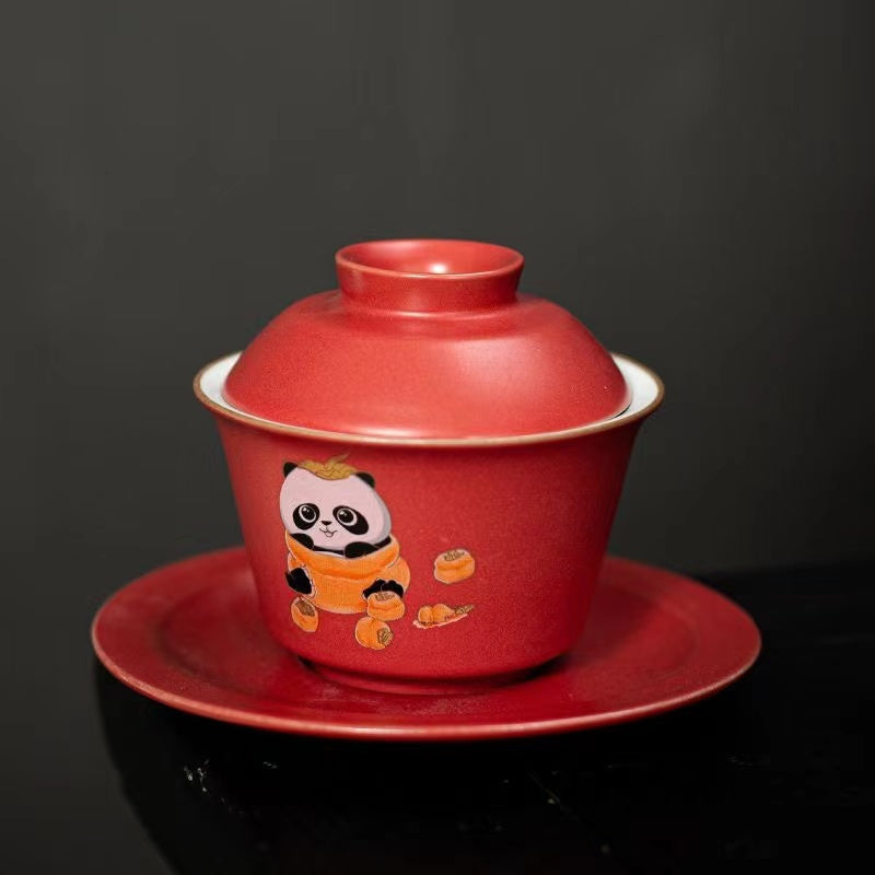 Kiln-formed Panda Sancai Covered Bowl Gaiwan