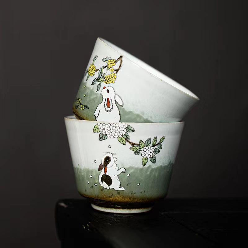 Jade rabbit scented pair of cups coarse ceramic Tea cup