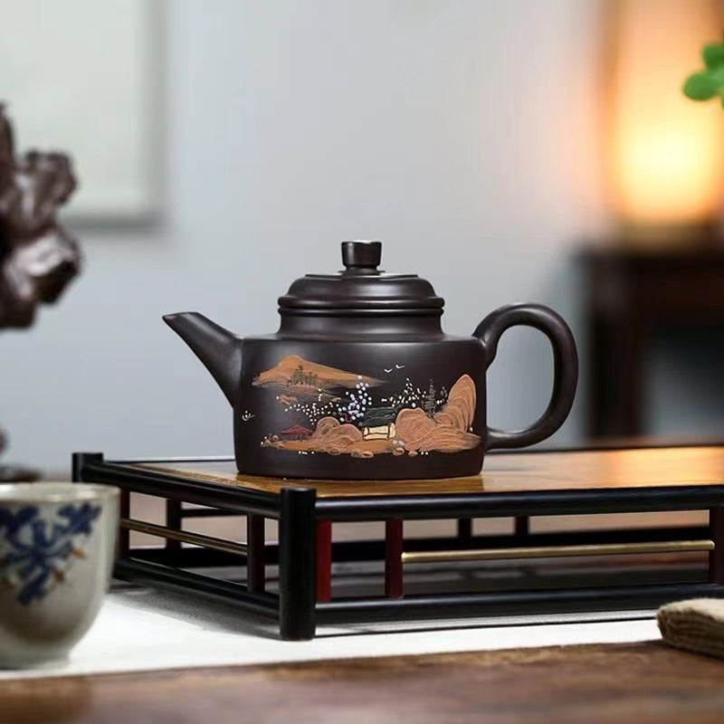 Yixing purple sand pot original mine black vermilion clay mountain water pure handmade teapot