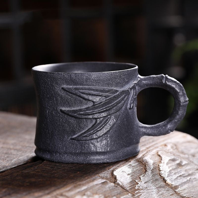 BEMY Master Collection----Natural moraine rock hand-carved cup with bamboo handle【M582】