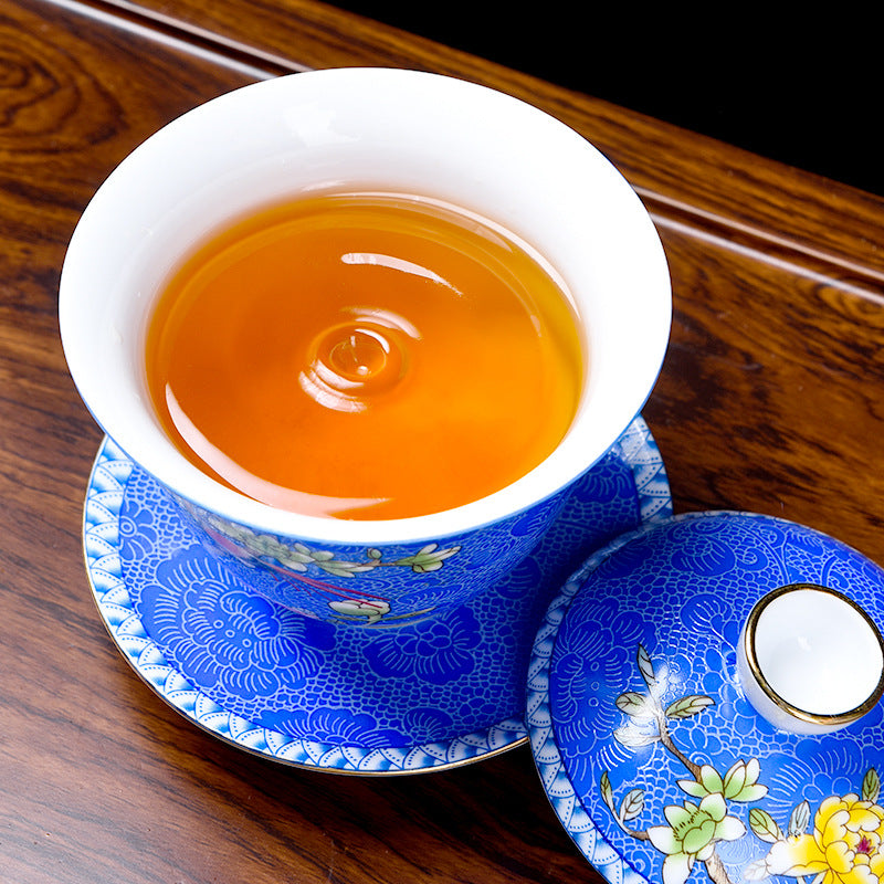 Enamel Golden Silk Flower and Bird Gaiwan Teacup Set