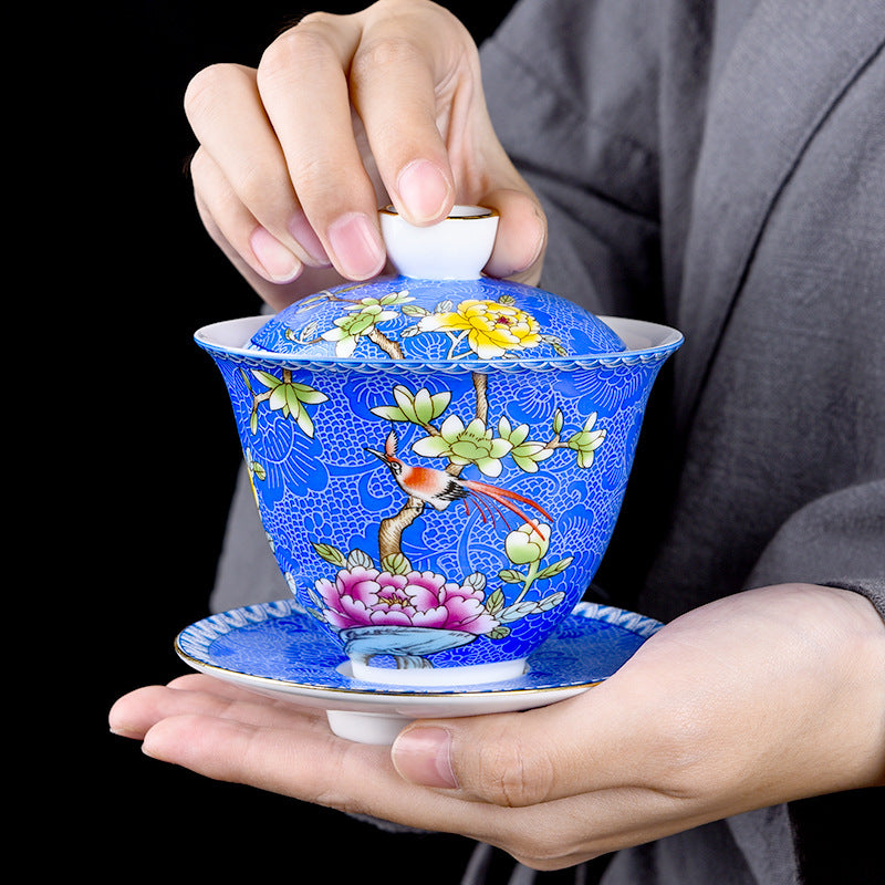 Enamel Golden Silk Flower and Bird Gaiwan Teacup Set