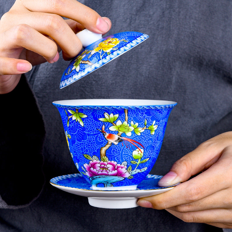 Enamel Golden Silk Flower and Bird Gaiwan Teacup Set