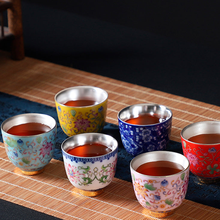 Jingdezhen Enamel Color Gilt Silver Liner Flower Teacup Set