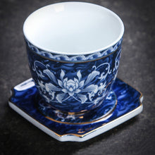 Load image into Gallery viewer, Gold and Enamel Flower Tea Cup with Teacup Holder Set
