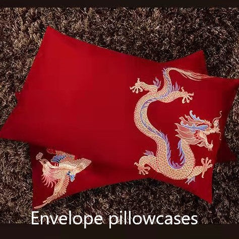 Lucky Dragon and Phoenix Embroidered Red Bedding Set