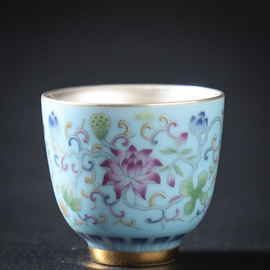 Jingdezhen Enamel Color Gilt Silver Liner Flower Teacup Set