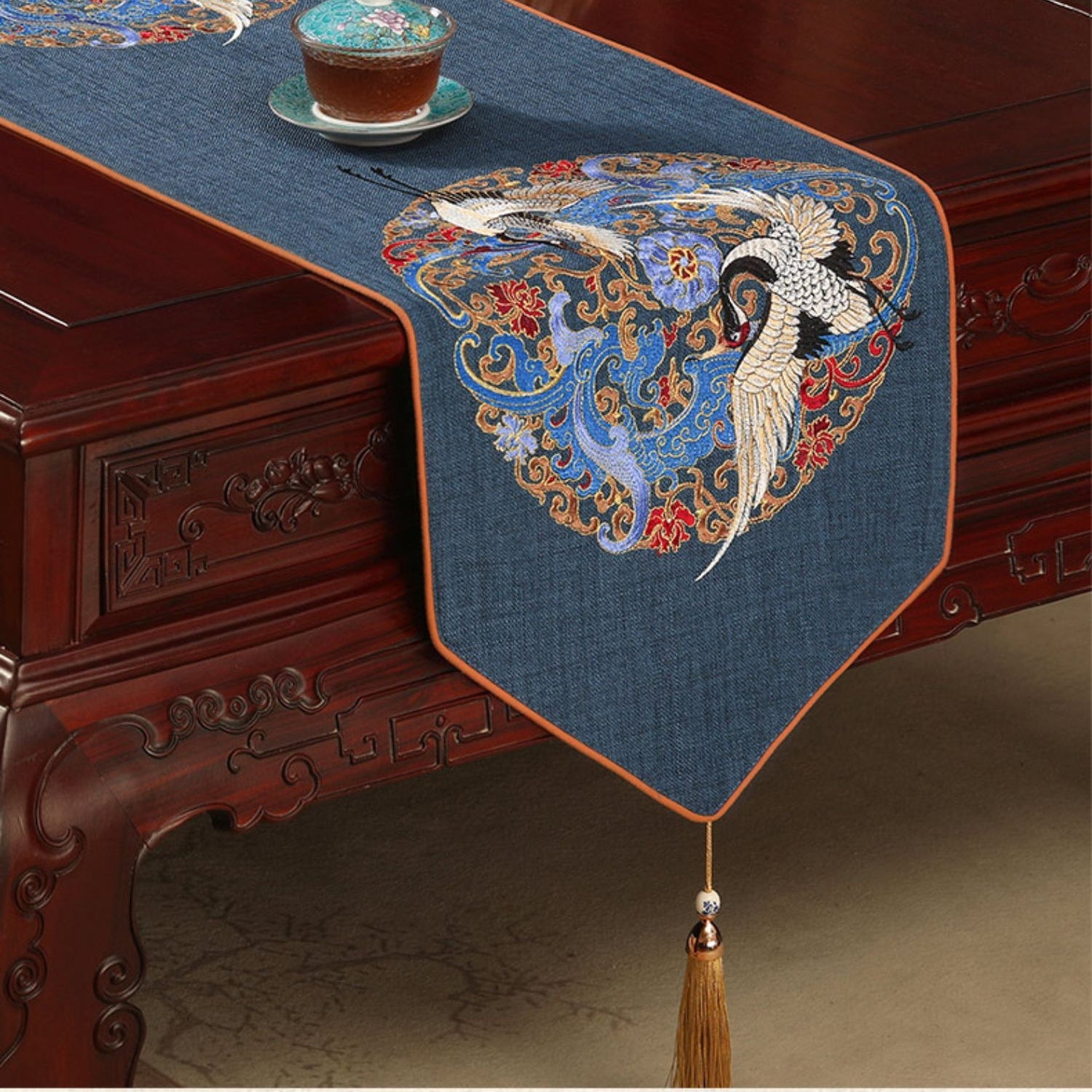 Embroidered Table Runners/ Bed Runners - Crane Dance