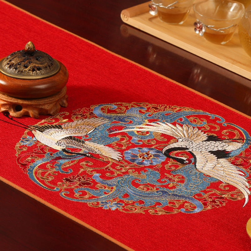 Embroidered Table Runners/ Bed Runners - Crane Dance